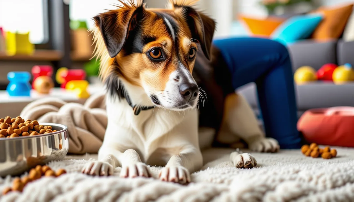 Chien couché sur le flanc, museau posé au sol, l'air fatigué