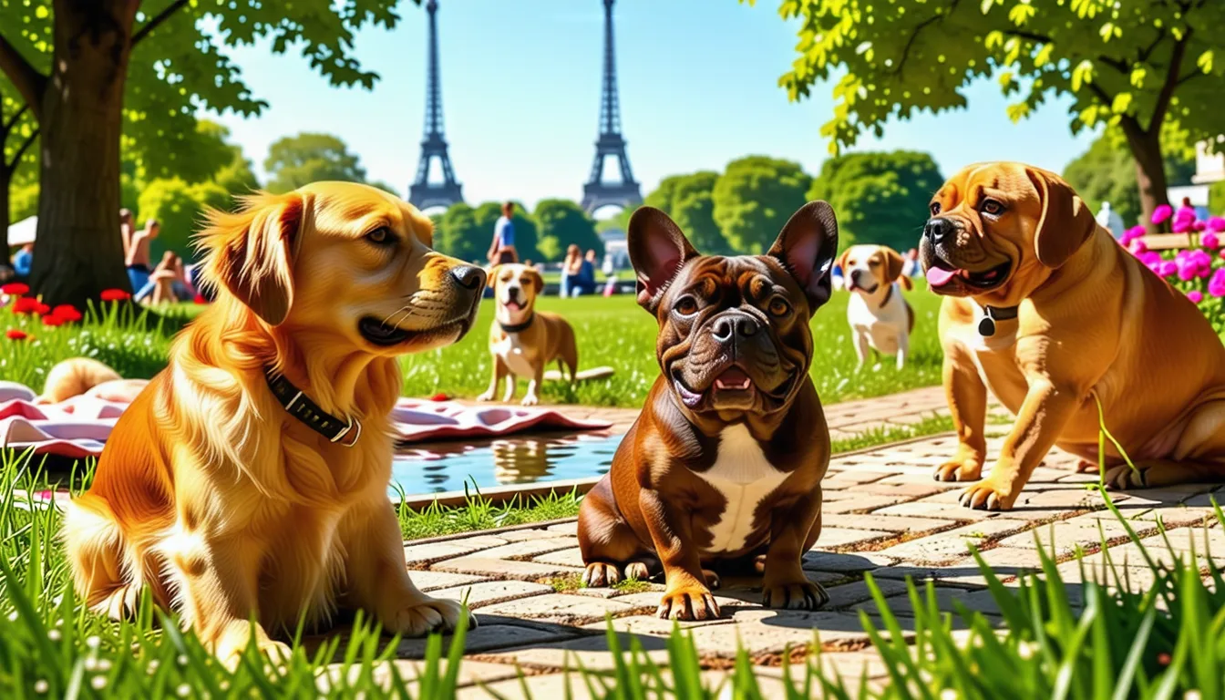 Plusieurs chiens de races différentes assis côte à côte dans un pré