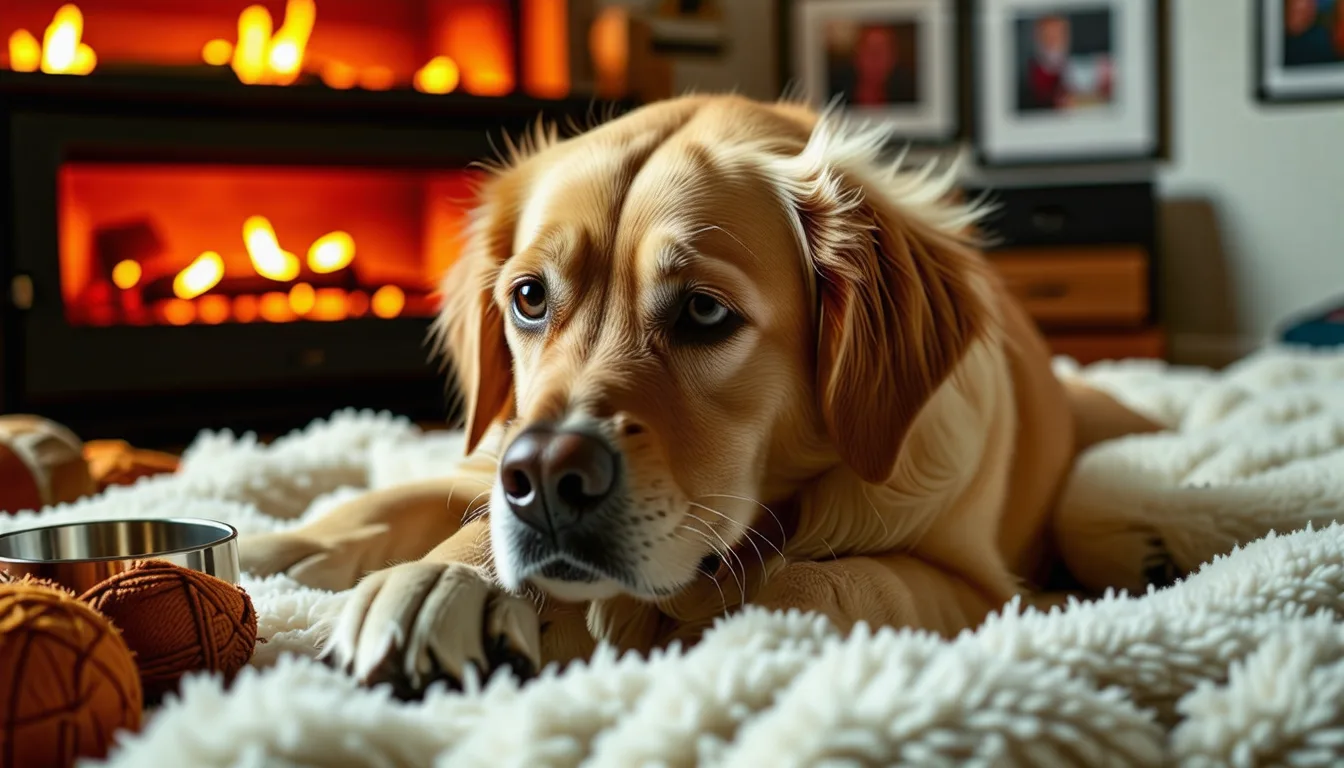 Chien qui tourne sur lui-même sur son coussin avant de se coucher dans un salon
