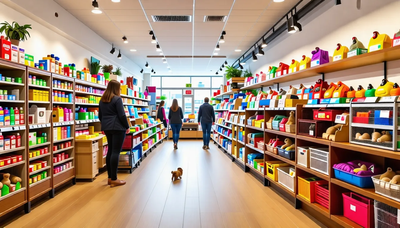 Rayons d'une animalerie avec croquettes, accessoires et jouets pour animaux