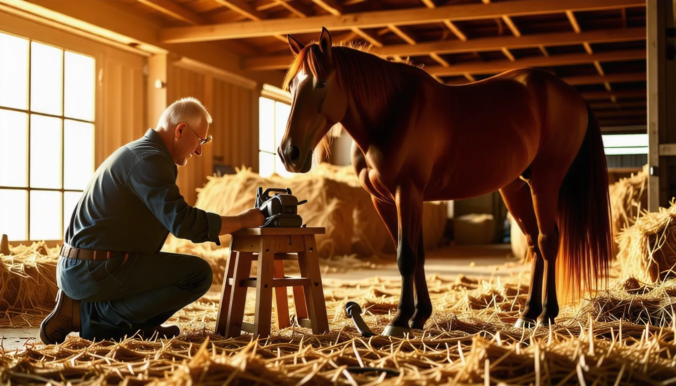 Mains curant le sabot d'un cheval avec un cure pied
