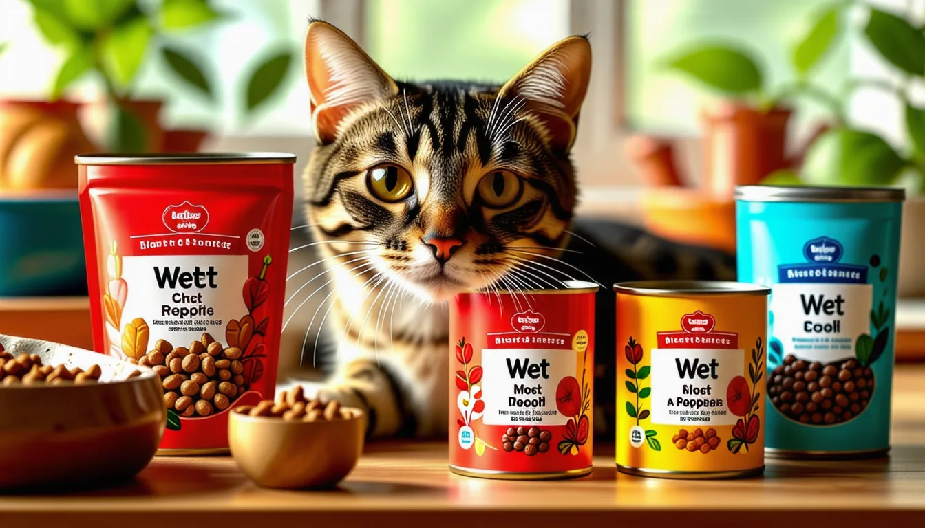 Chat tigré devant une gamelle de pâtée, à côté de sachets et de boîtes ouverts
