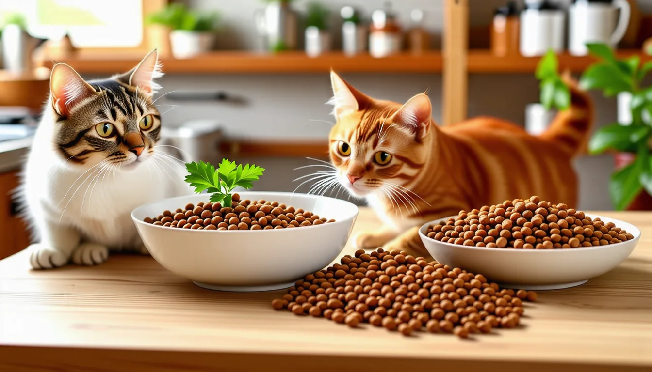 Gamelle de croquettes et barquette de pâtée posées côte à côte devant un chat
