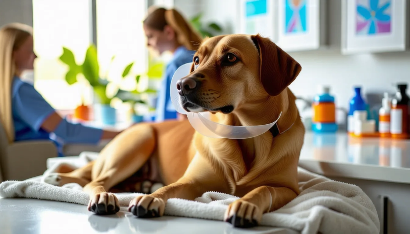 Chien allongé au repos portant une collerette après une opération