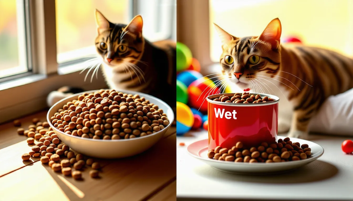 Chat tigré devant deux gamelles, l'une de croquettes, l'autre de pâtée