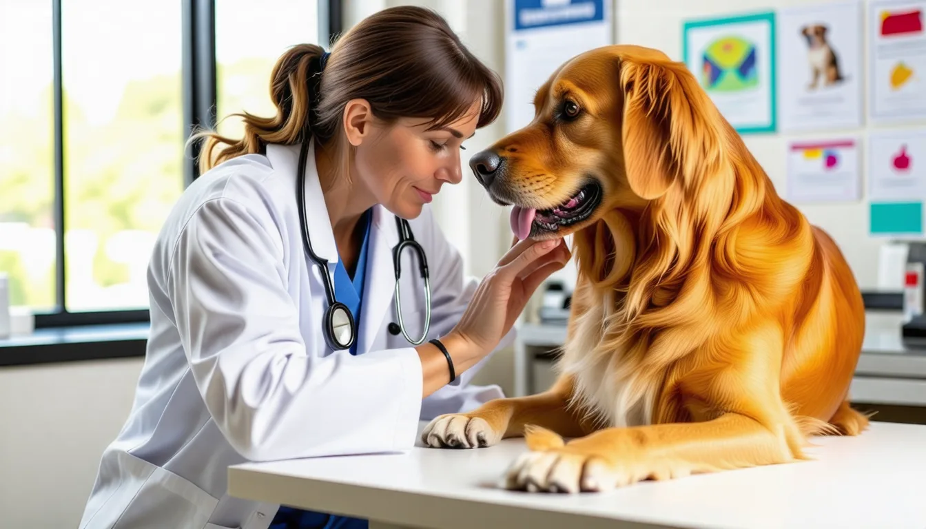 Chien âgé allongé sur une table d'examen, la main d'un vétérinaire posée sur lui