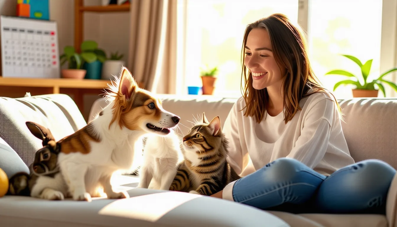 Jeune femme assise sur un canapé caressant un chat pendant une garde à domicile
