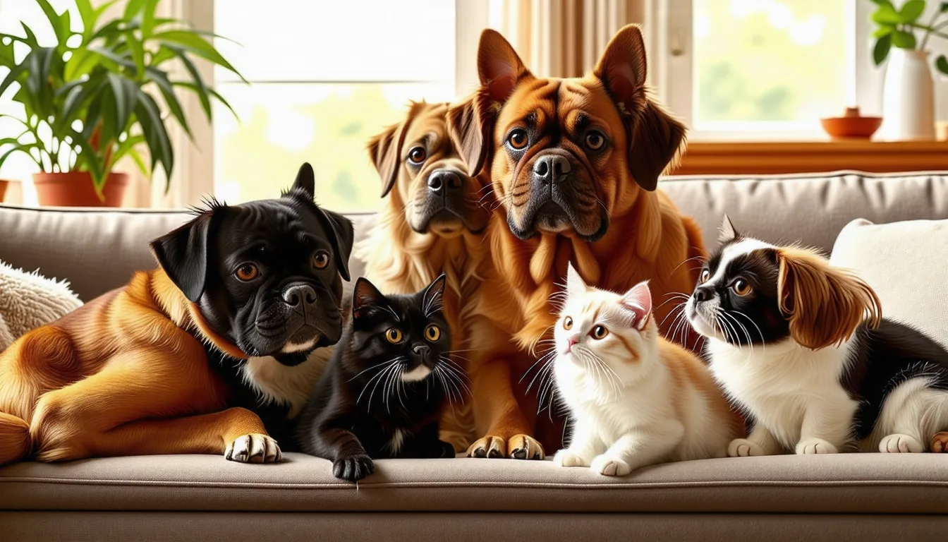 Un chien couché sur un tapis à côté d'un chat roux, dans un salon