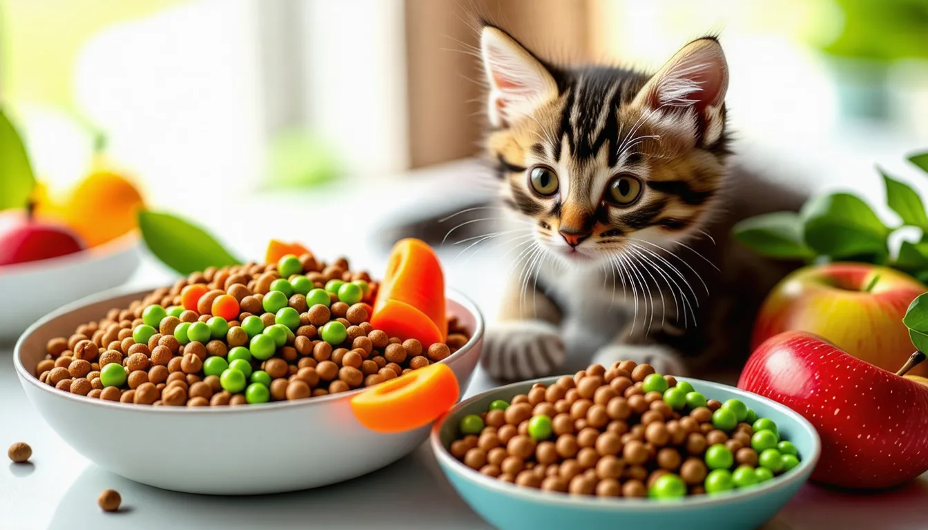 Chaton tigré en train de manger dans une petite gamelle blanche