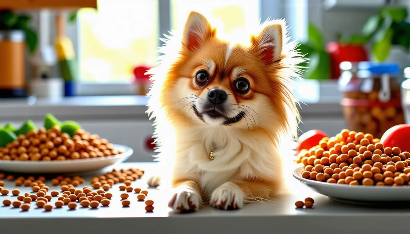 Chiot spitz nain roux au pelage duveteux assis près de sa gamelle de croquettes