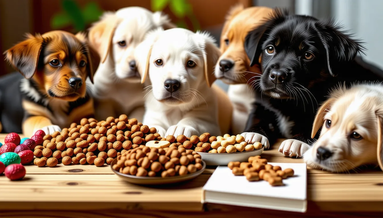 Main tendant une petite friandise à un chiot assis qui lève la tête