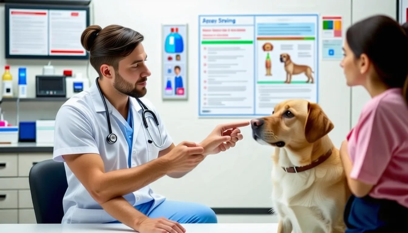 chienne allongée sur une table d'examen pendant qu'un vétérinaire l'ausculte