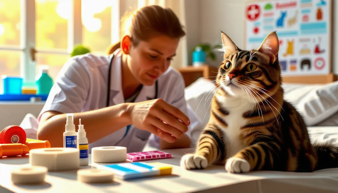 Chat roux examiné par deux mains gantées qui écartent le poil sur une petite plaie