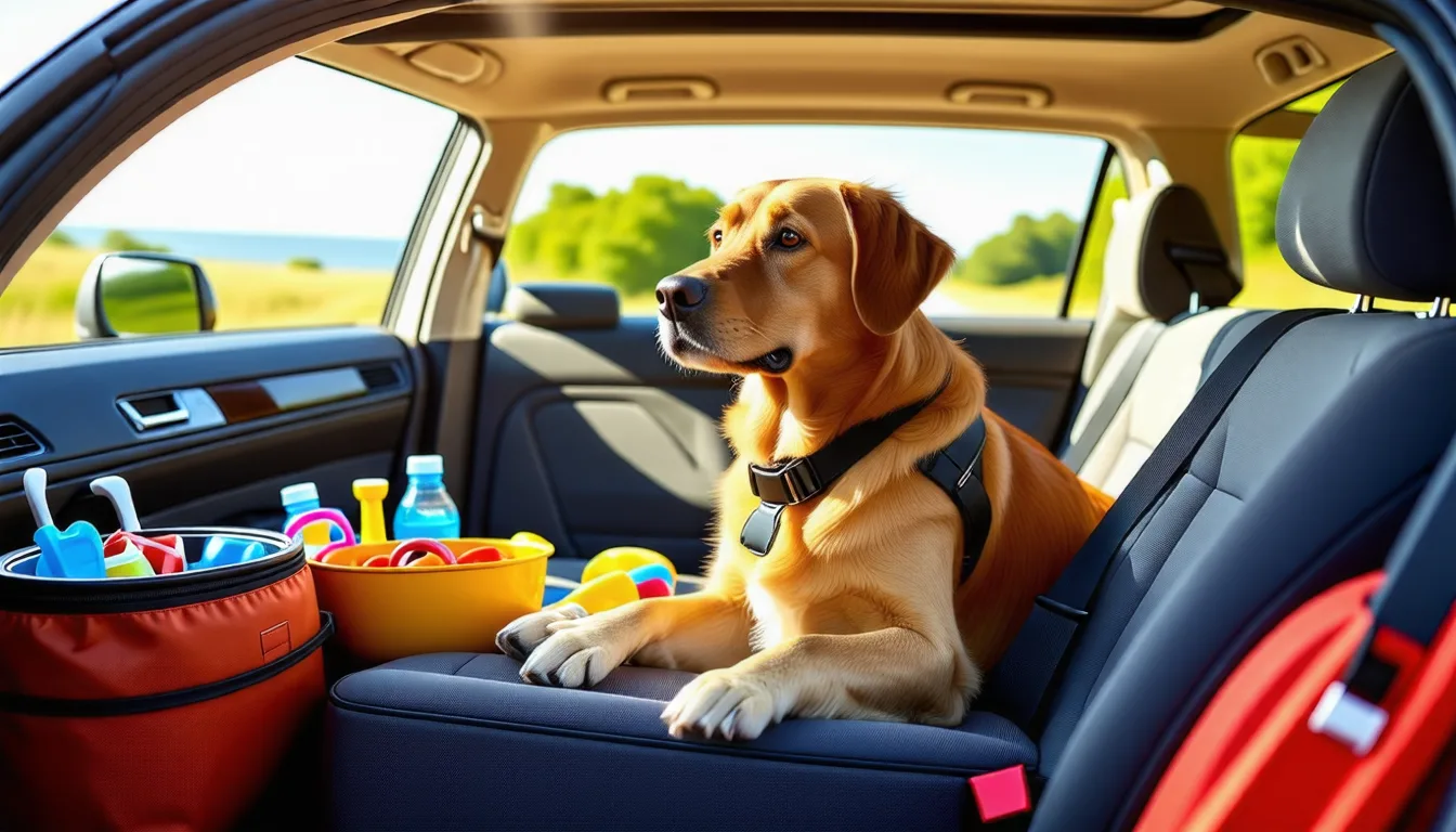 Un grand chien installé à l'arrière d'une voiture, sanglé par un harnais