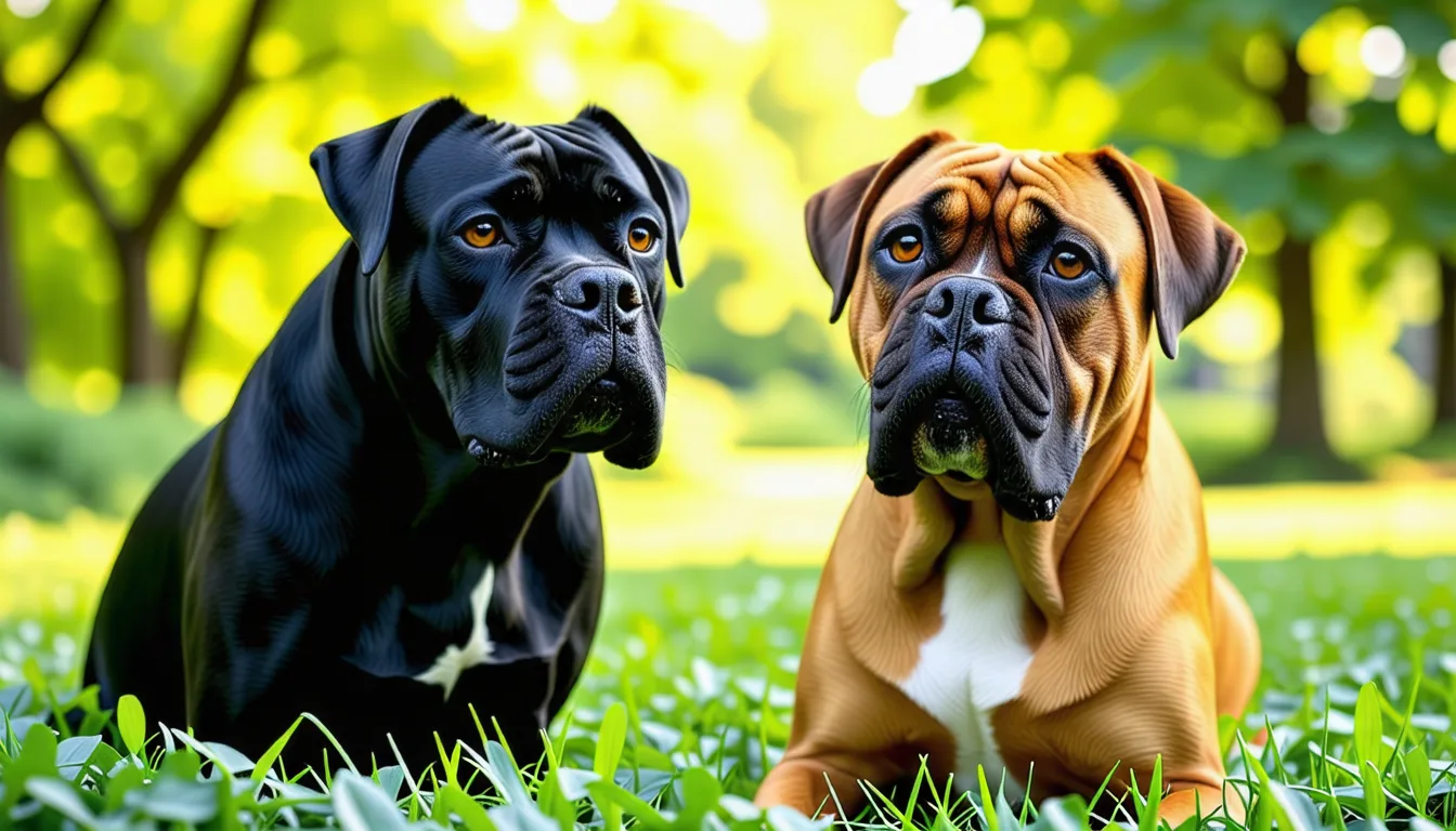 Un cane corso gris et un dogue de bordeaux fauve assis côte à côte sur l'herbe