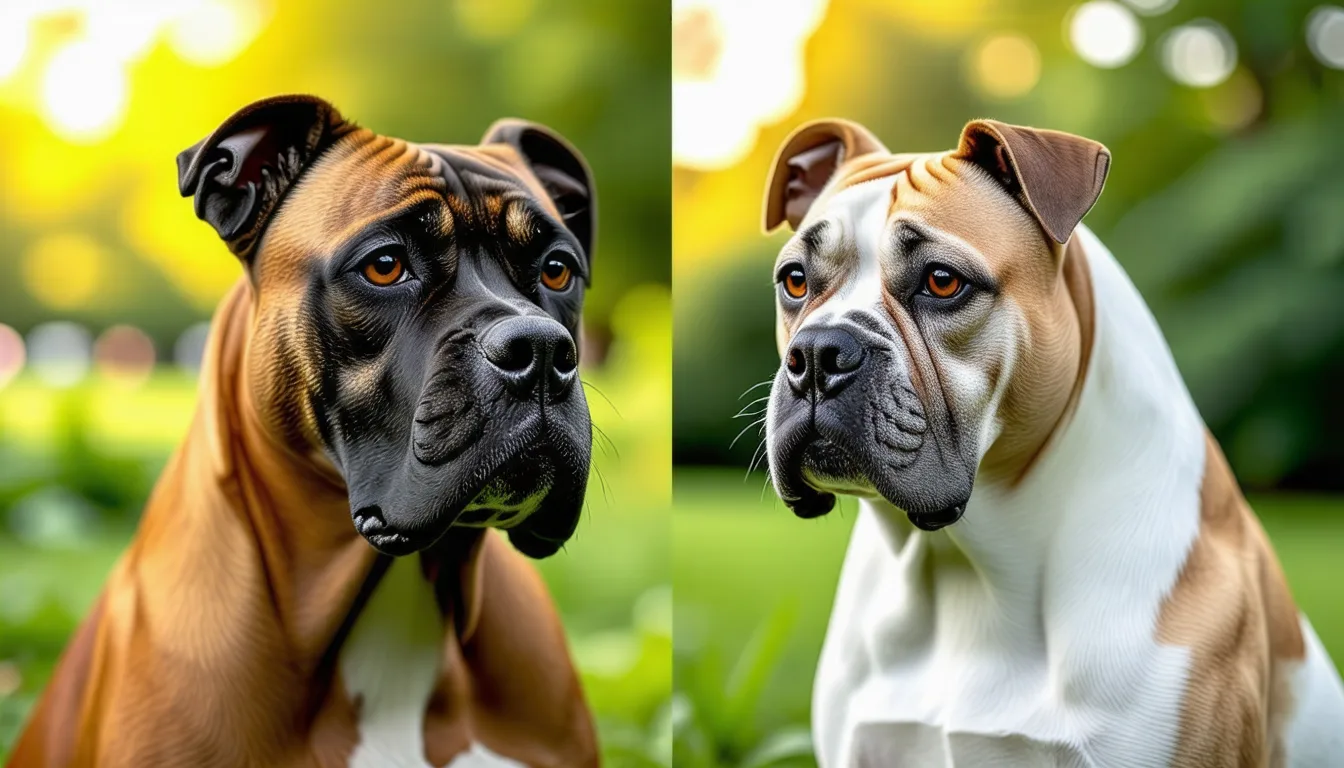 Un dogue argentin blanc et un cane corso noir de profil dans un pré