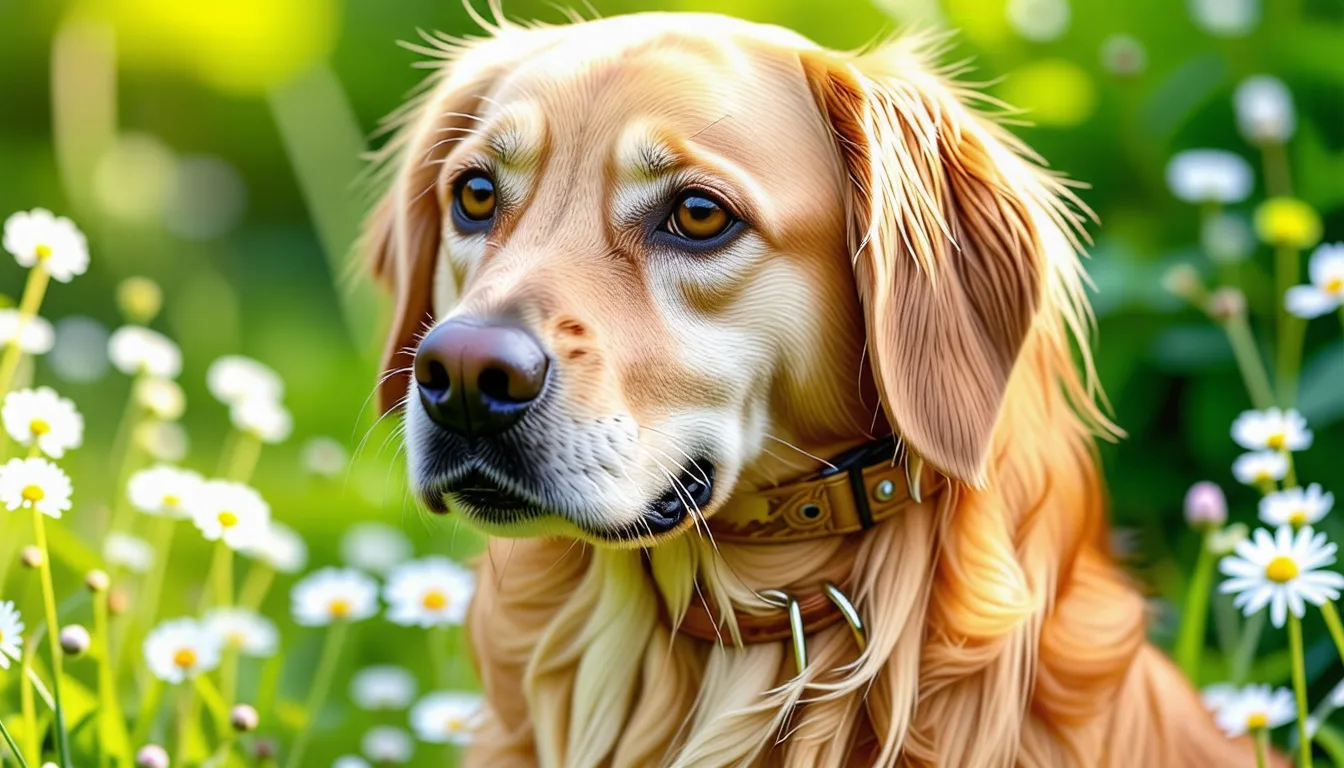 Chien assis dans l'herbe haute portant un collier de perles de céramique claires