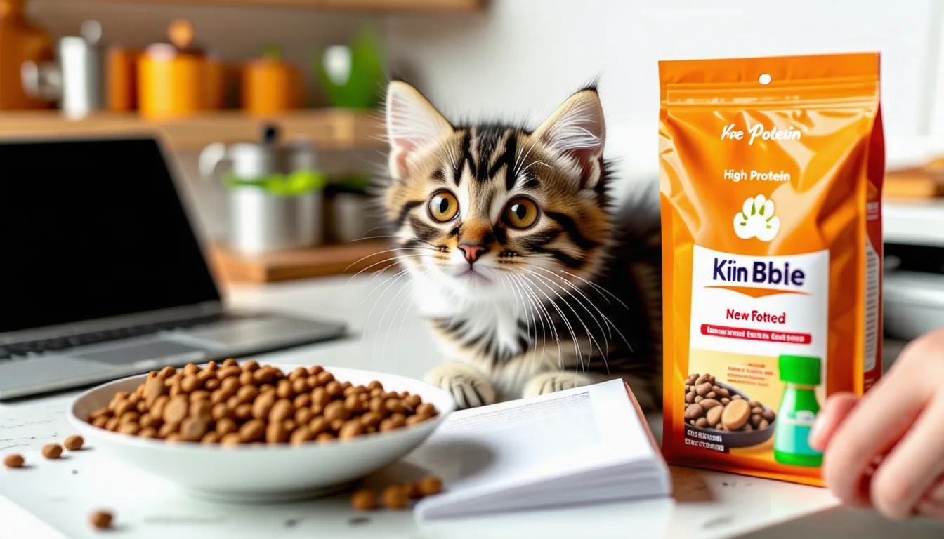 Chaton gris et blanc penché au-dessus d'une gamelle de croquettes