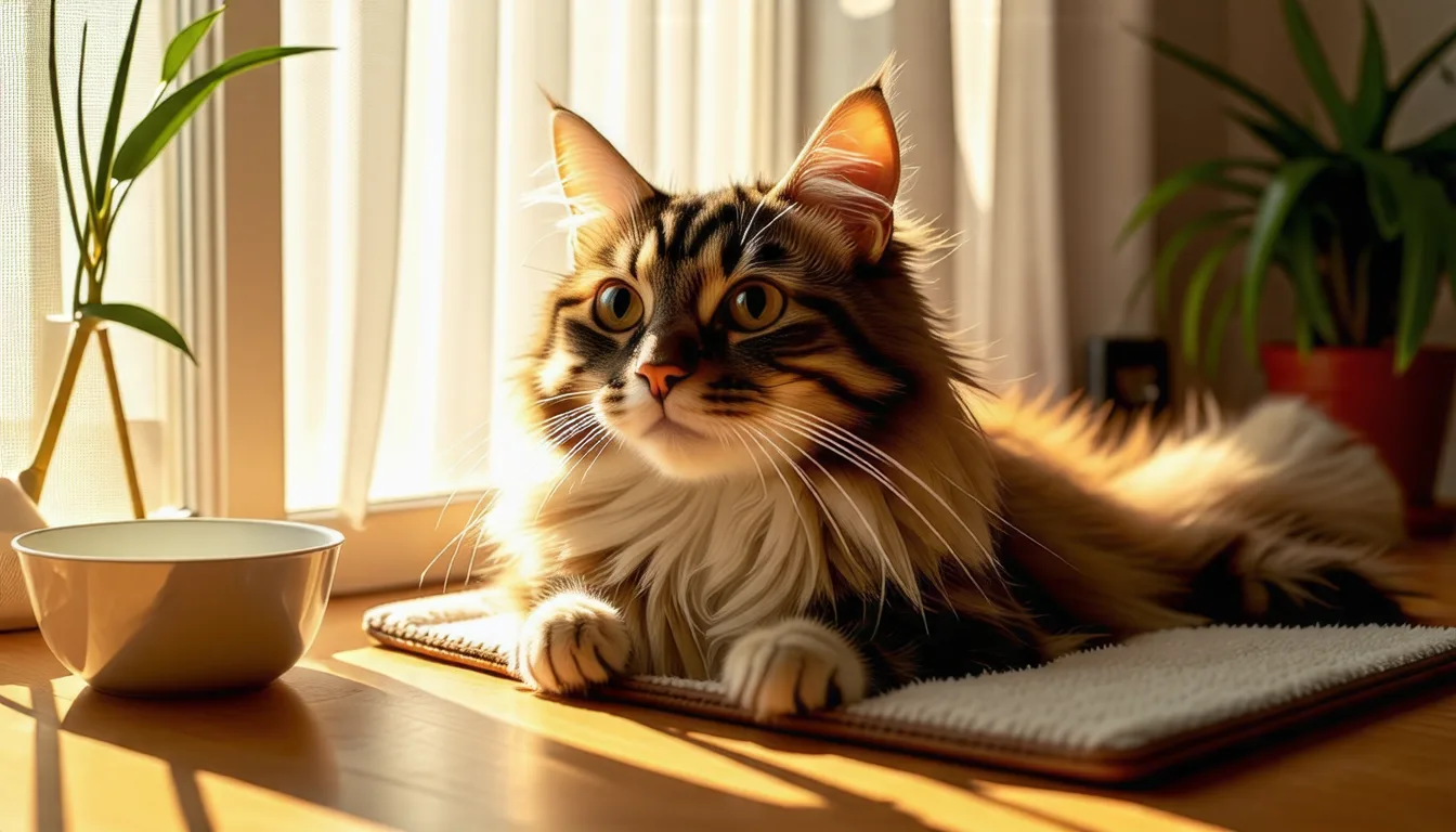 chat allongé sur un sol frais près d'une gamelle d'eau, cherchant la fraîcheur pendant une journée d'été