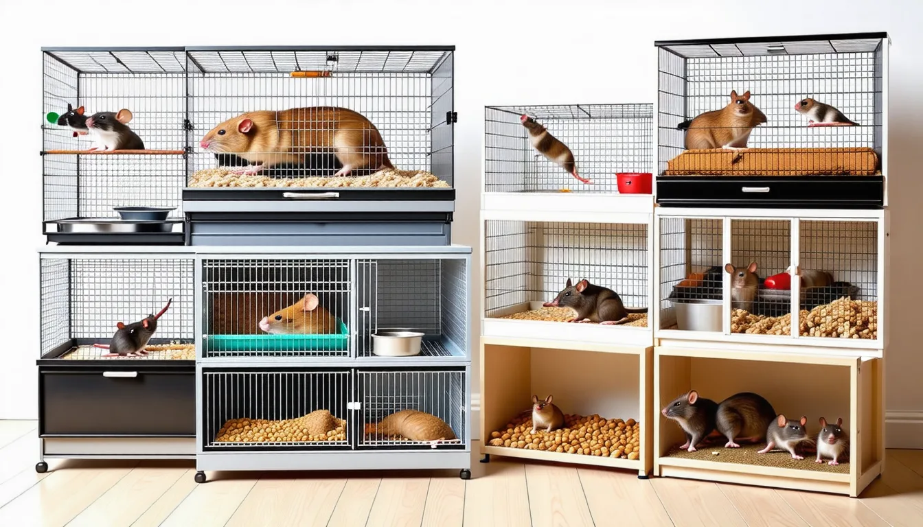 cage grillagée à étages pour rats domestiques, avec plateformes, échelles et accessoires visibles à l'intérieur.