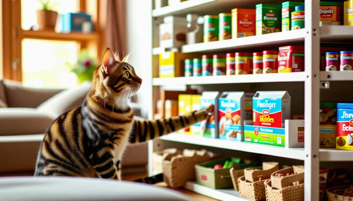 Gamelle de croquettes multicolores versée près d'un chat assis sur un plan de travail de cuisine.