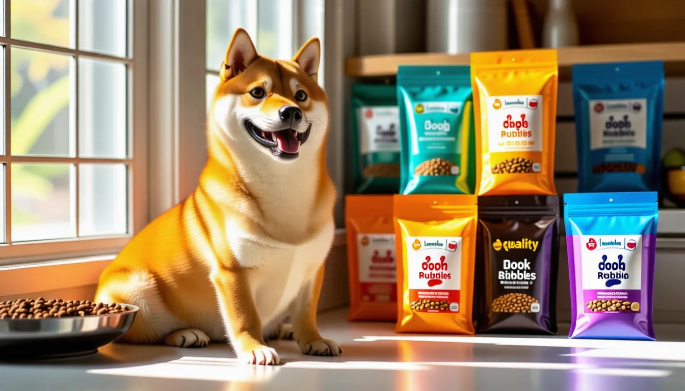 Un Shiba Inu roux assis à côté d'une gamelle de croquettes.