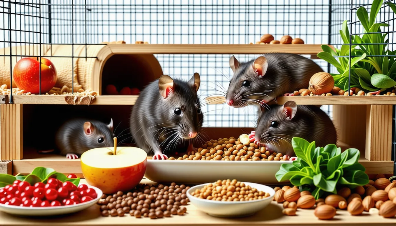 rat domestique grignotant un morceau de légume tenu entre ses pattes avant.
