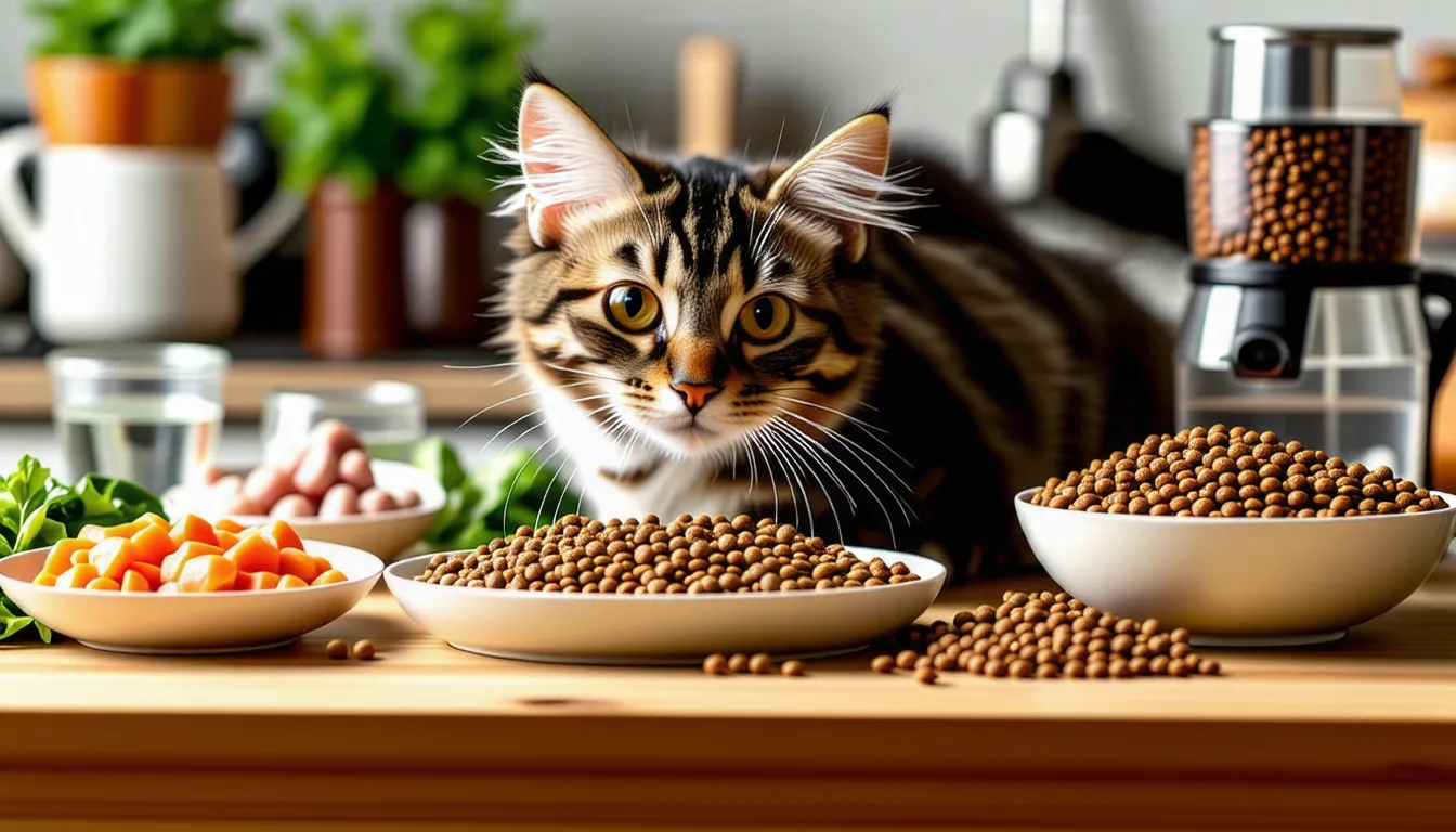 Un Maine Coon roux au pelage épais mangeant dans une gamelle posée au sol.