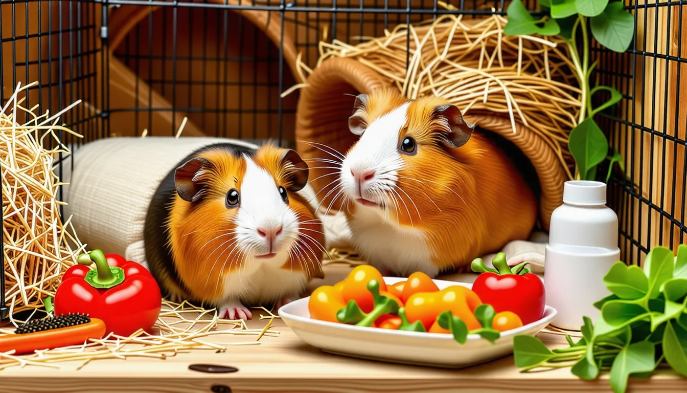 cochon d'Inde brun et blanc assis dans l'herbe, entouré de foin et de légumes frais