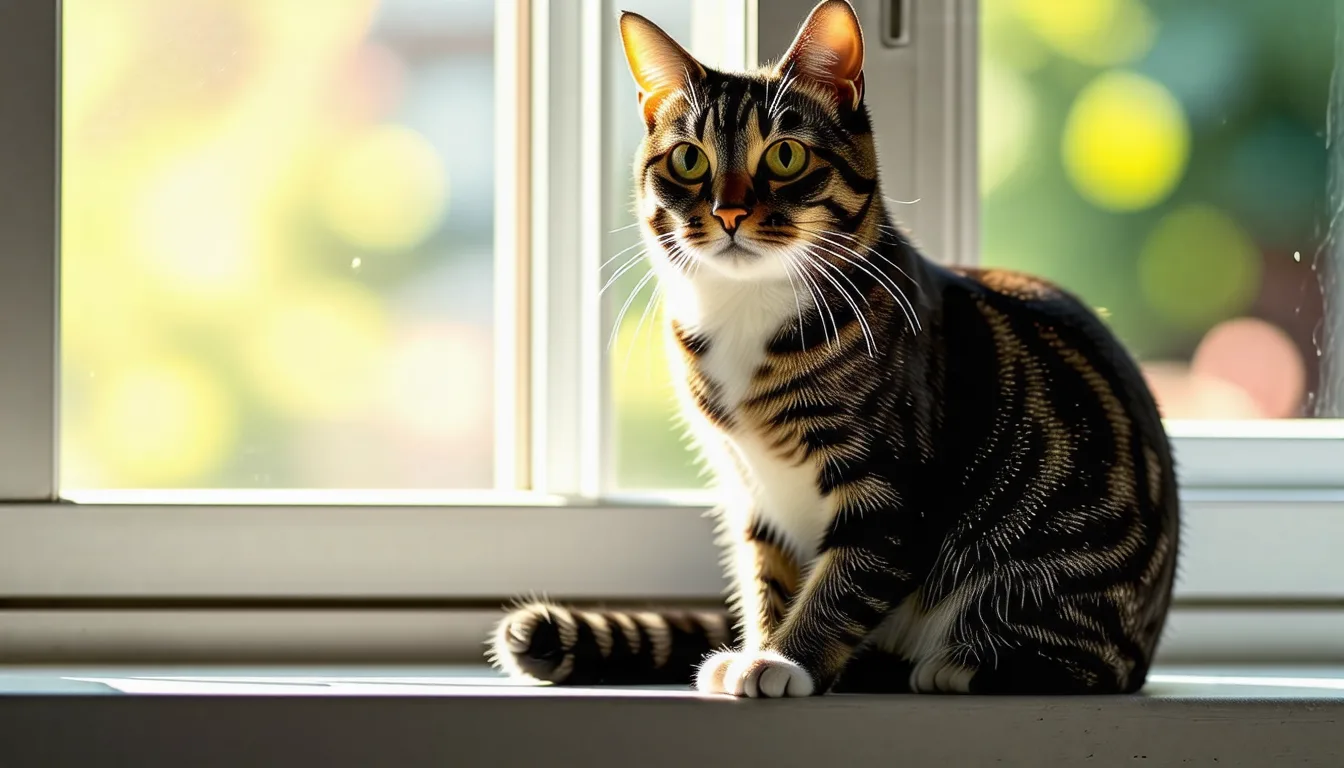 chat de gouttière assis sur un plan de travail, en train d'être observé et caressé.