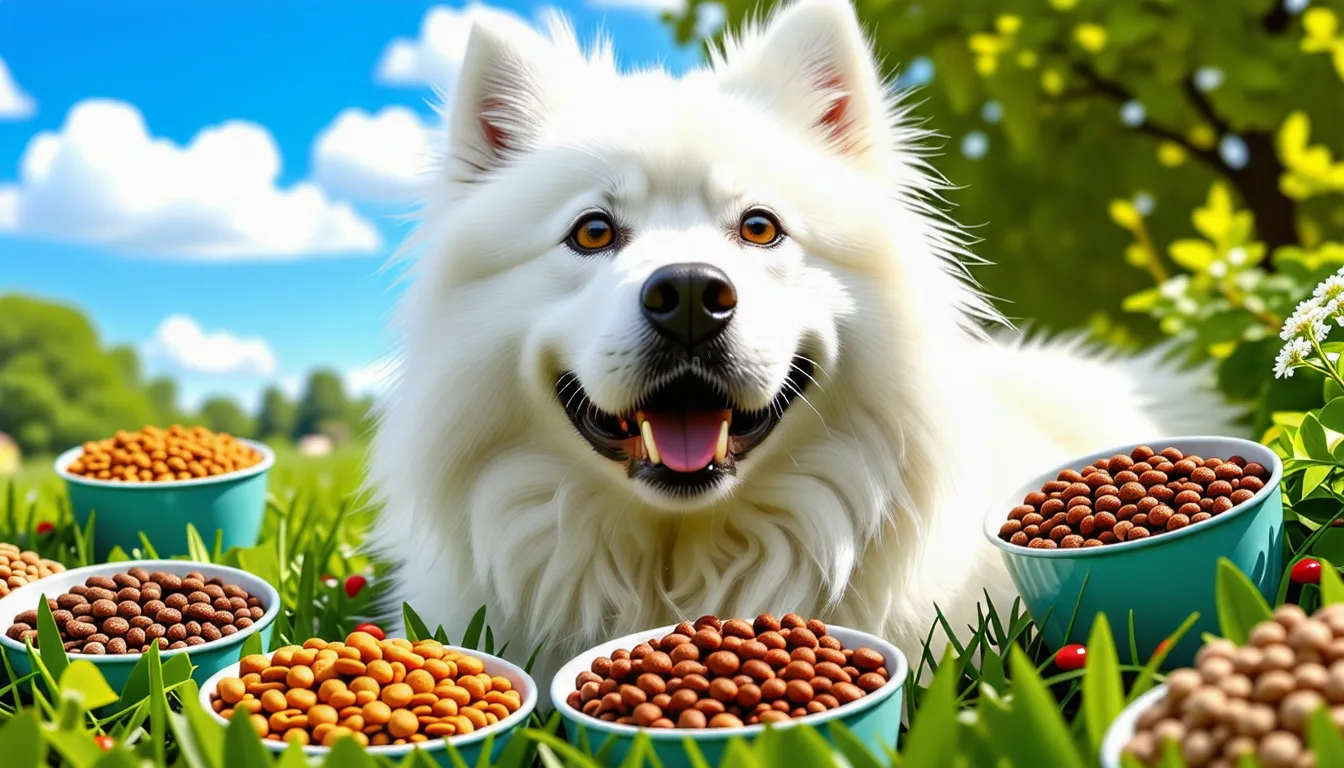 samoyède au pelage blanc dense assis à côté d'une gamelle remplie de croquettes