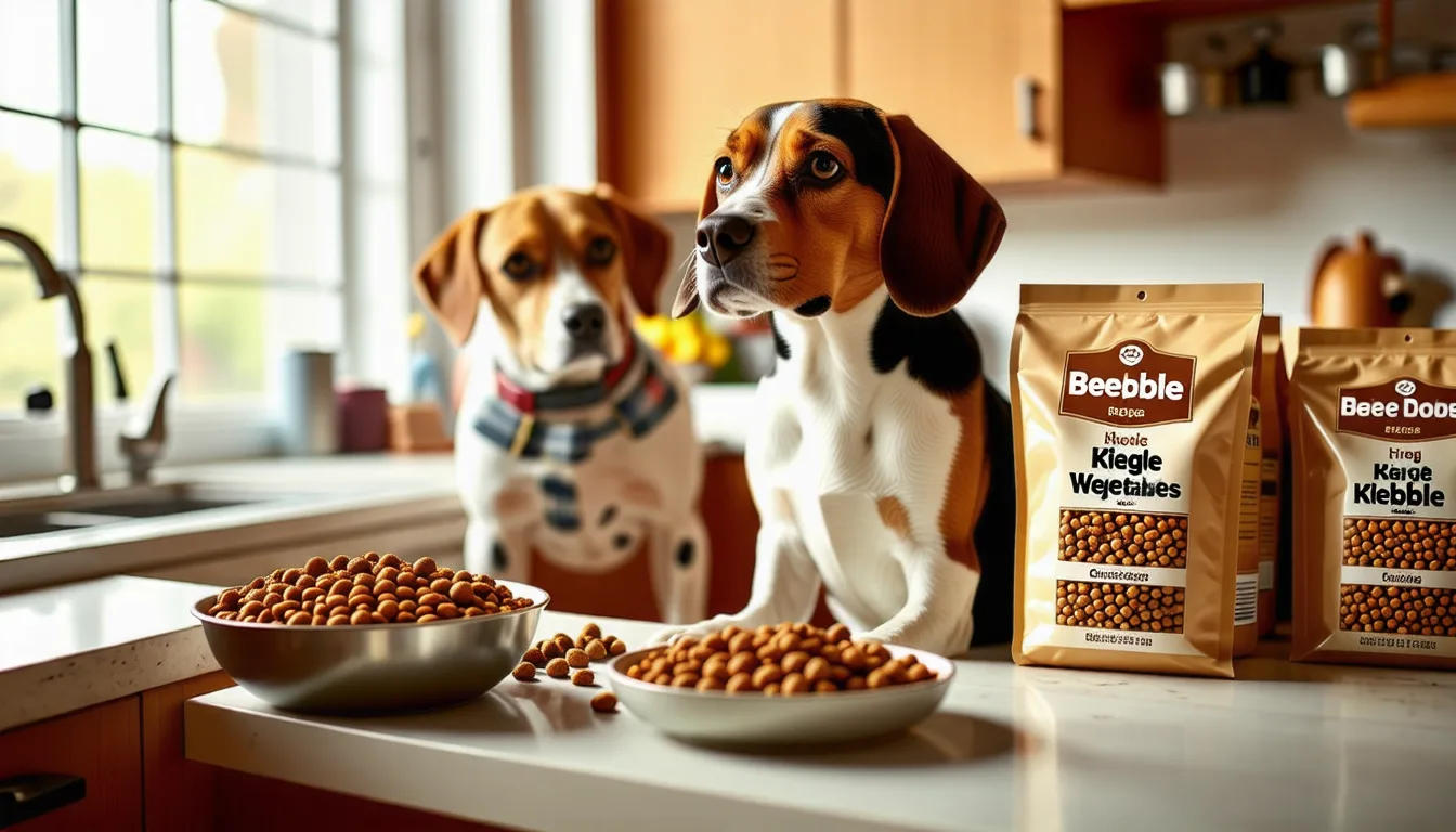 Beagle adulte assis devant sa gamelle de croquettes, attendant son repas