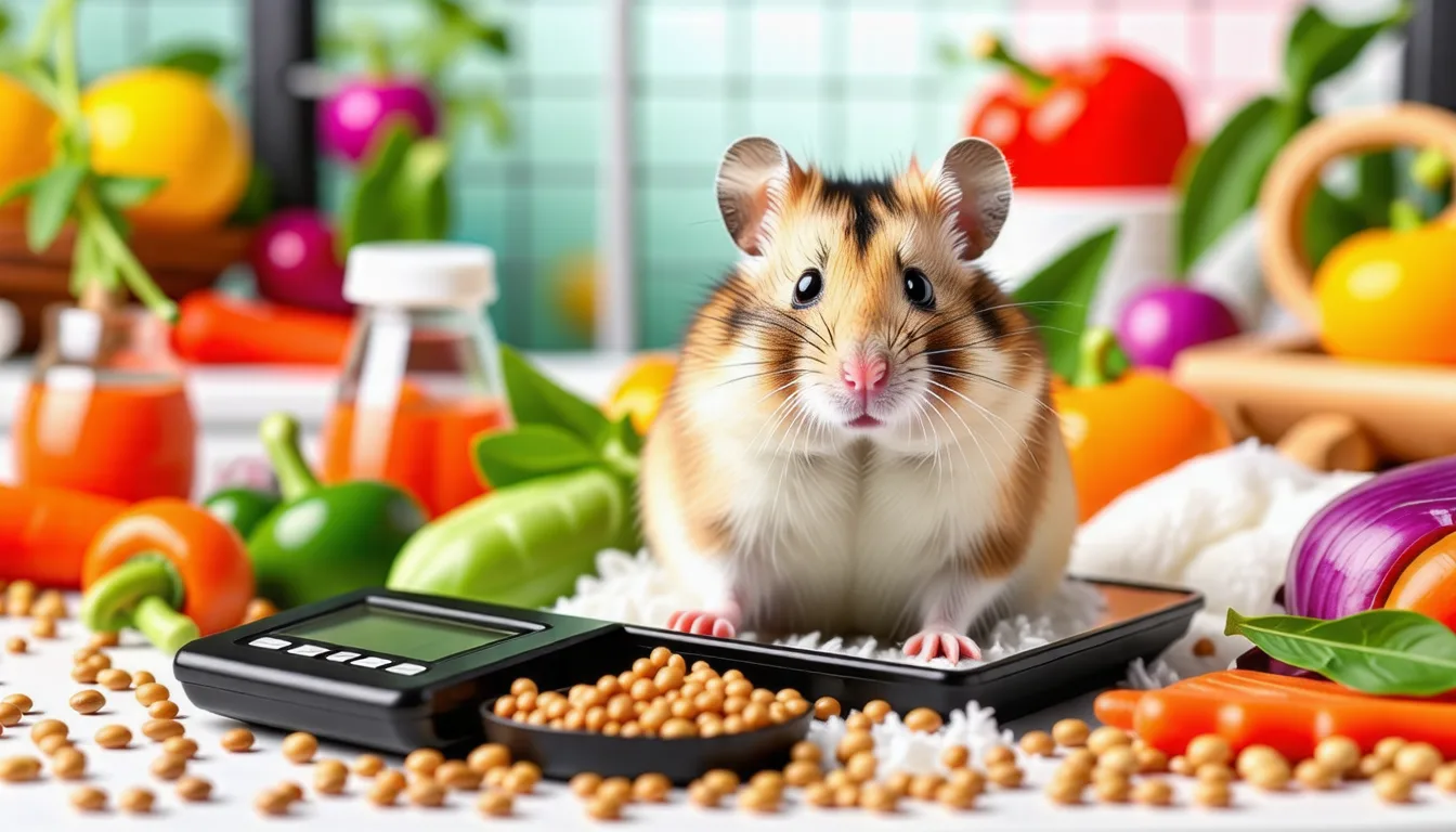 hamster syrien doré posé sur une balance de cuisine numérique