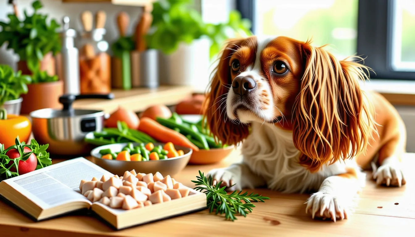 Un Cavalier King Charles assis devant une gamelle contenant de la viande, des légumes cuits et du riz.