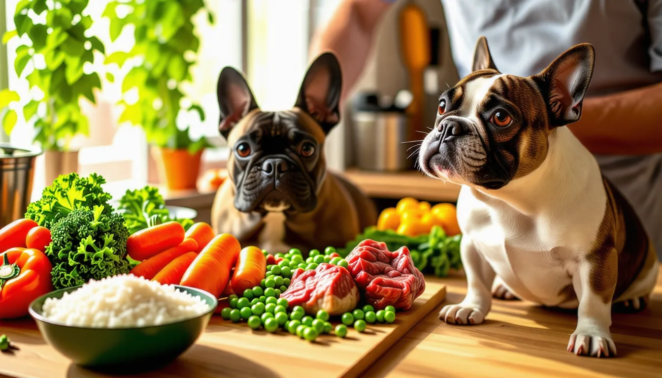 gamelle de riz, poulet et carottes cuites préparée pour un bouledogue français, posée sur un plan de travail