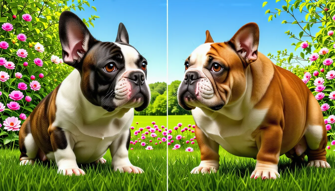 Un Bouledogue français aux oreilles dressées assis à côté d'un Bouledogue anglais aux oreilles tombantes