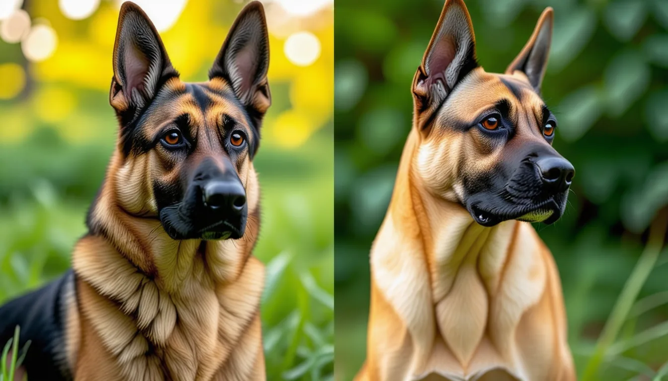 Un Berger allemand et un Malinois côte à côte, l'un au pelage mi-long noir et feu, l'autre au poil court fauve.