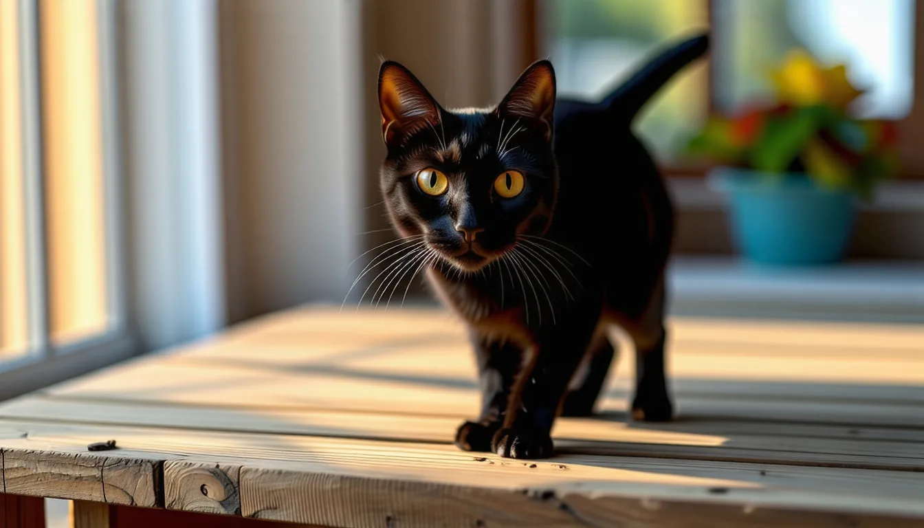 un chat noir au pelage brillant et aux yeux cuivrés, allongé et détendu