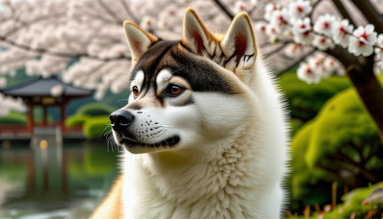 Akita Inu au pelage fauve assis dans un jardin, oreilles dressées et queue enroulée sur le dos