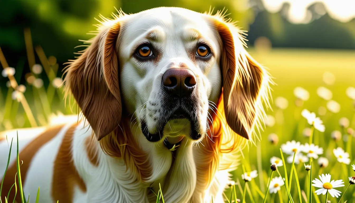 Clumber Spaniel au pelage blanc et taches orange, allongé, avec ses grandes oreilles tombantes caractéristiques