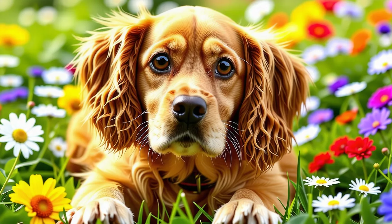 un cocker américain au pelage roux, oreilles tombantes, allongé sur l'herbe