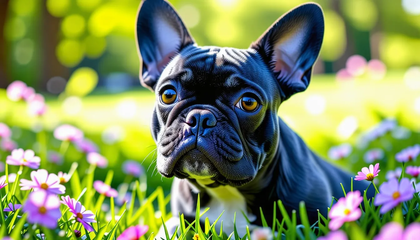 bouledogue français au pelage gris bleuté, assis et regardant l'objectif.
