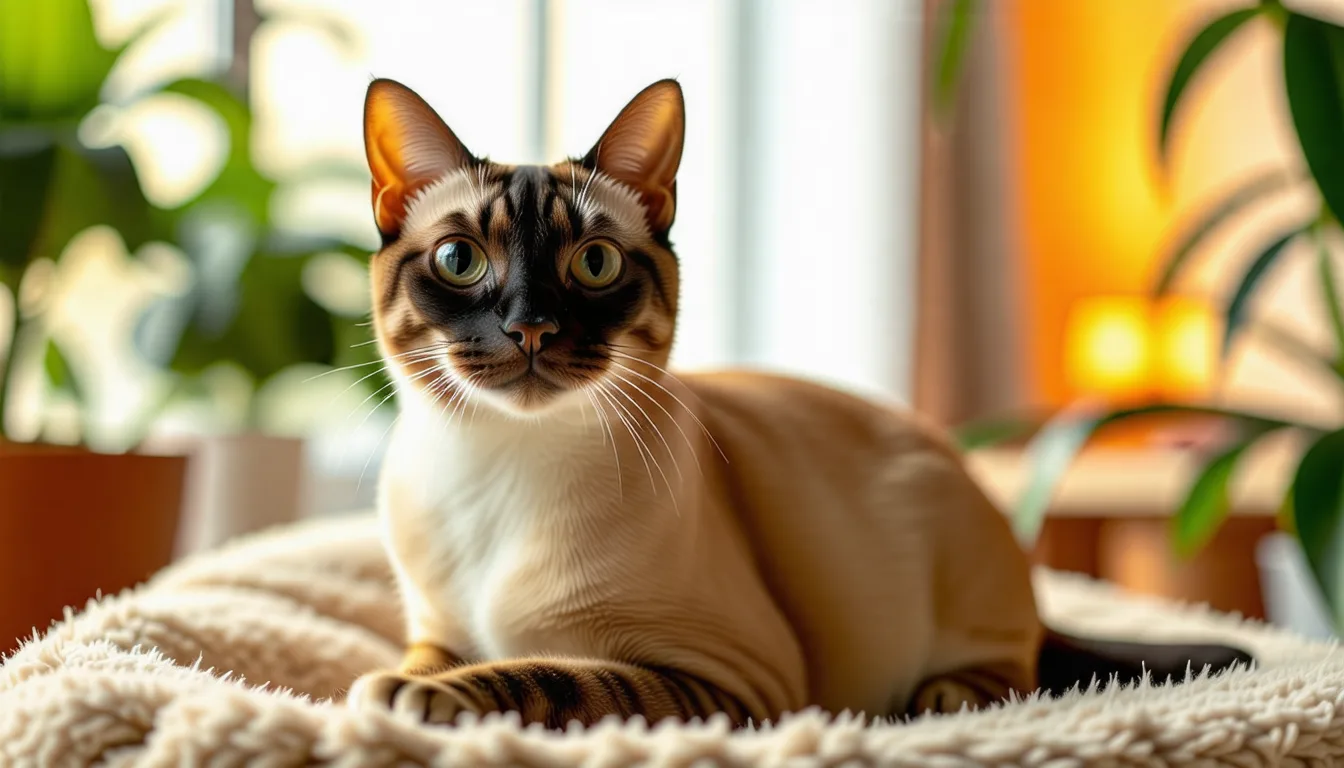 Un chat Tonkinois au pelage soyeux et aux yeux en amande, assis et attentif.