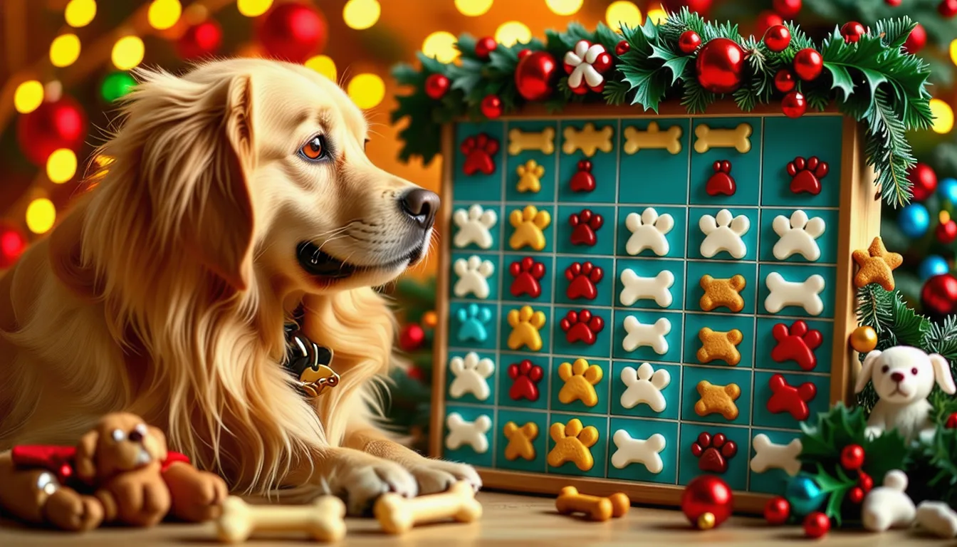 Un chien assis devant un calendrier de l'avent en carton avec des cases numérotées ouvertes