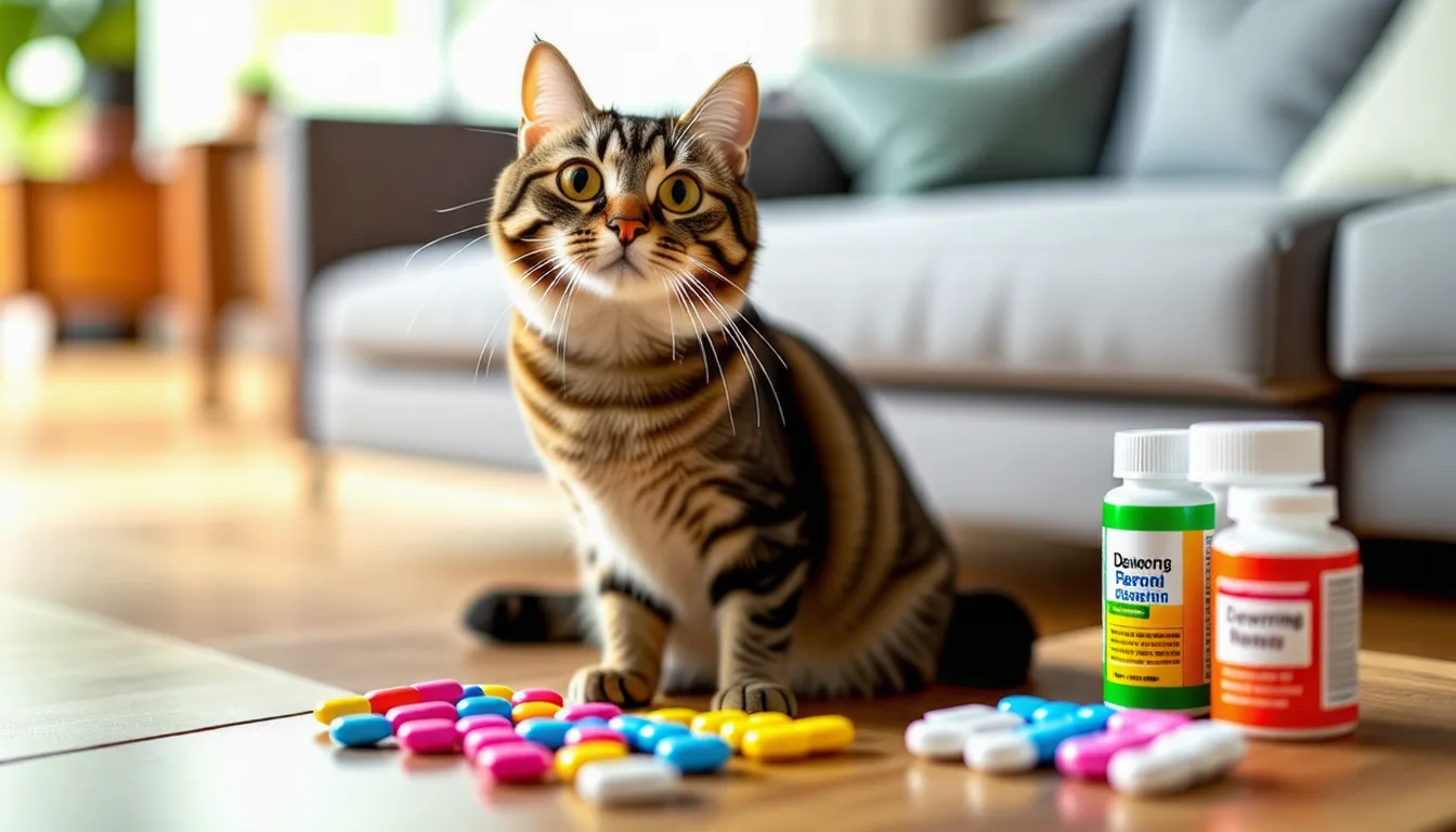 chat tigré recevant un comprimé de vermifuge glissé dans une friandise tenue par une main