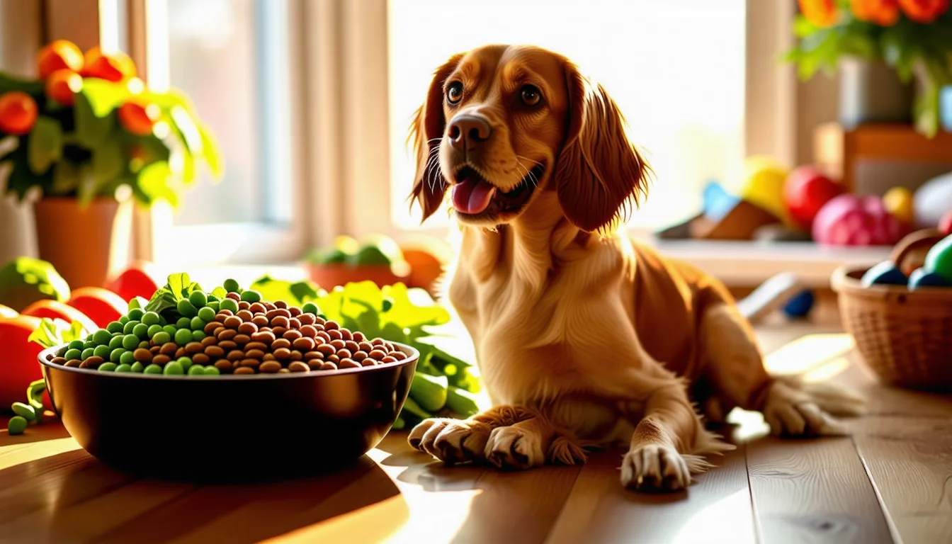 Cocker Spaniel anglais aux longues oreilles tombantes mangeant dans une gamelle de croquettes