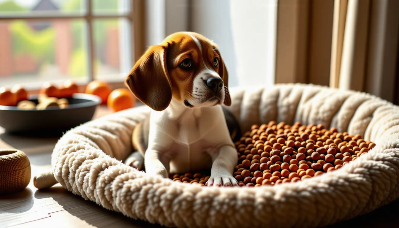 jeune chiot Beagle mangeant des croquettes dans une gamelle posée au sol