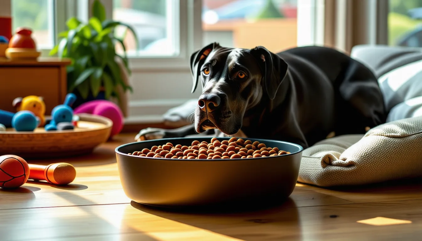 grand chien au pelage court posé près d'une gamelle remplie de croquettes