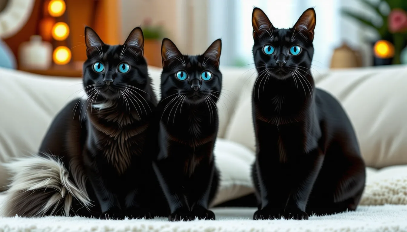 Chat noir au poil court fixant l'objectif, reflets bleutés sur les yeux