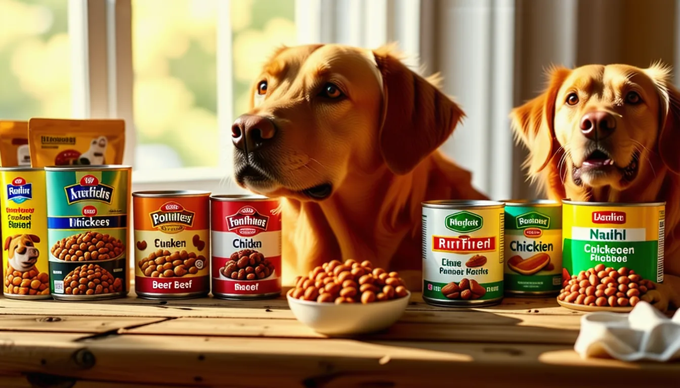 plusieurs boîtes et sachets de pâtée pour chien alignés sur une étagère de supermarché